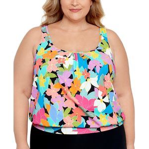 Swim Solutions 20 W Plus Size Blouson Underwire Floral Tankini Swim Top